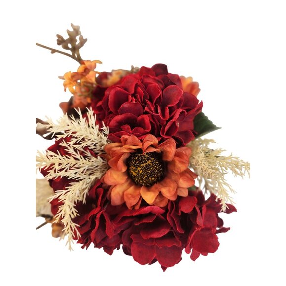 Artificial Fall Floral Bouquet Burgundy Hydrangeas & Orange Sunflowers | Rustic - Picture 4 of 15